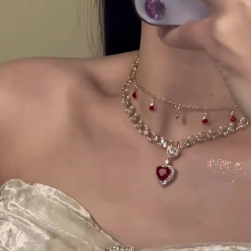 Red alloy double layer twin necklace with love heart pendant, adjustable 41-50cm length