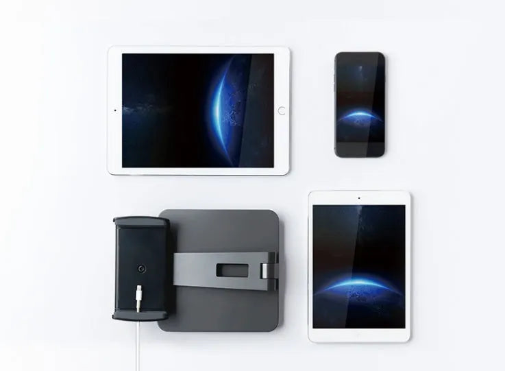 Foldable aluminium phone and tablet stand with black silicone protection showing 360-degree rotation capability