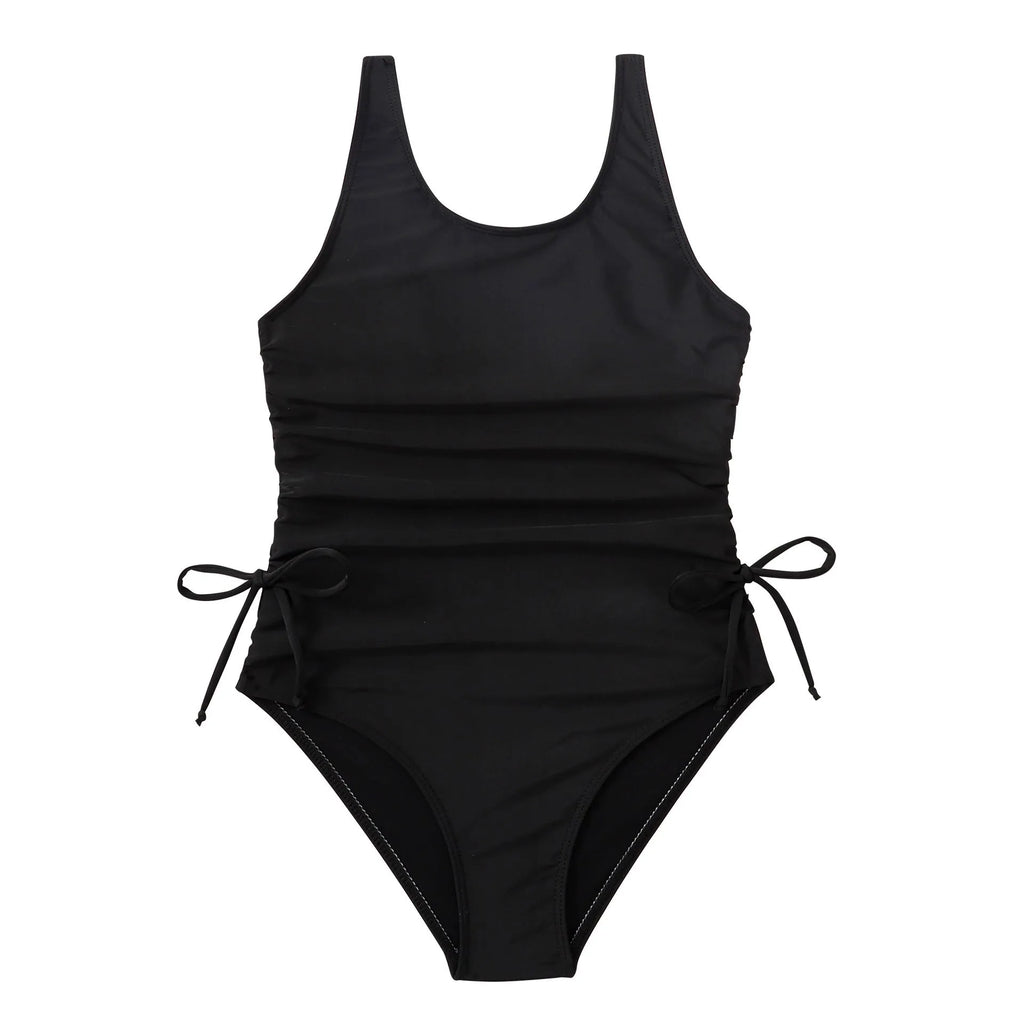 Black solid colour pleated tie swimsuit for girls, polyester spandex, briefs style, Asian sizes 130-160