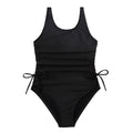 Black solid colour pleated tie swimsuit for girls, polyester spandex, briefs style, Asian sizes 130-160