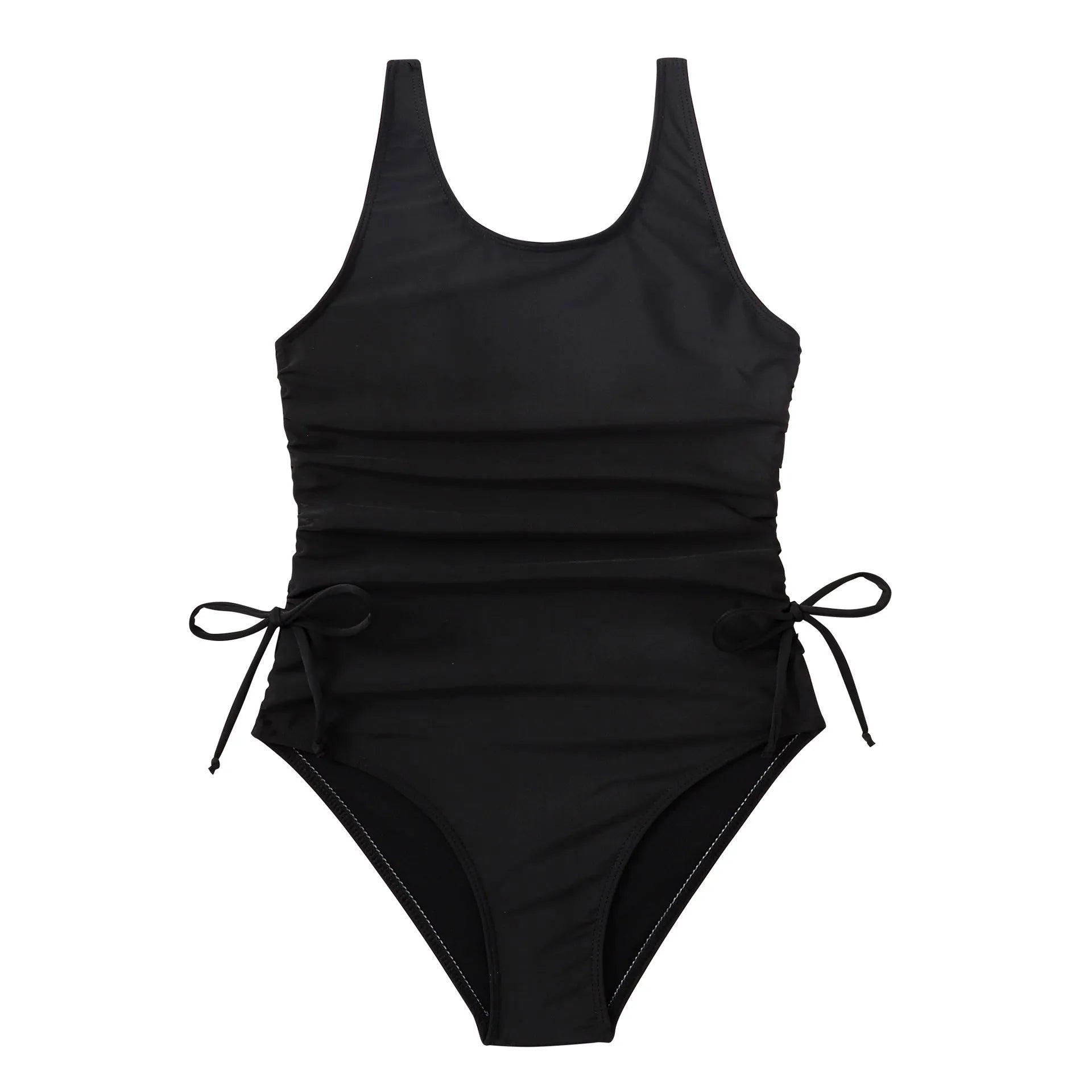 Black solid colour pleated tie swimsuit for girls, polyester spandex, briefs style, Asian sizes 130-160