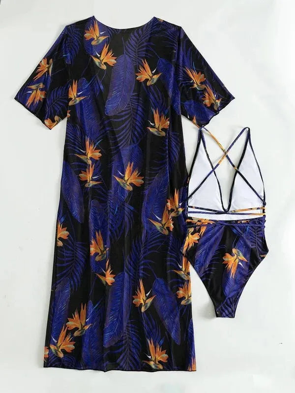 Women's three-piece patterned swimsuit set with cover-up coat for swimming sports
