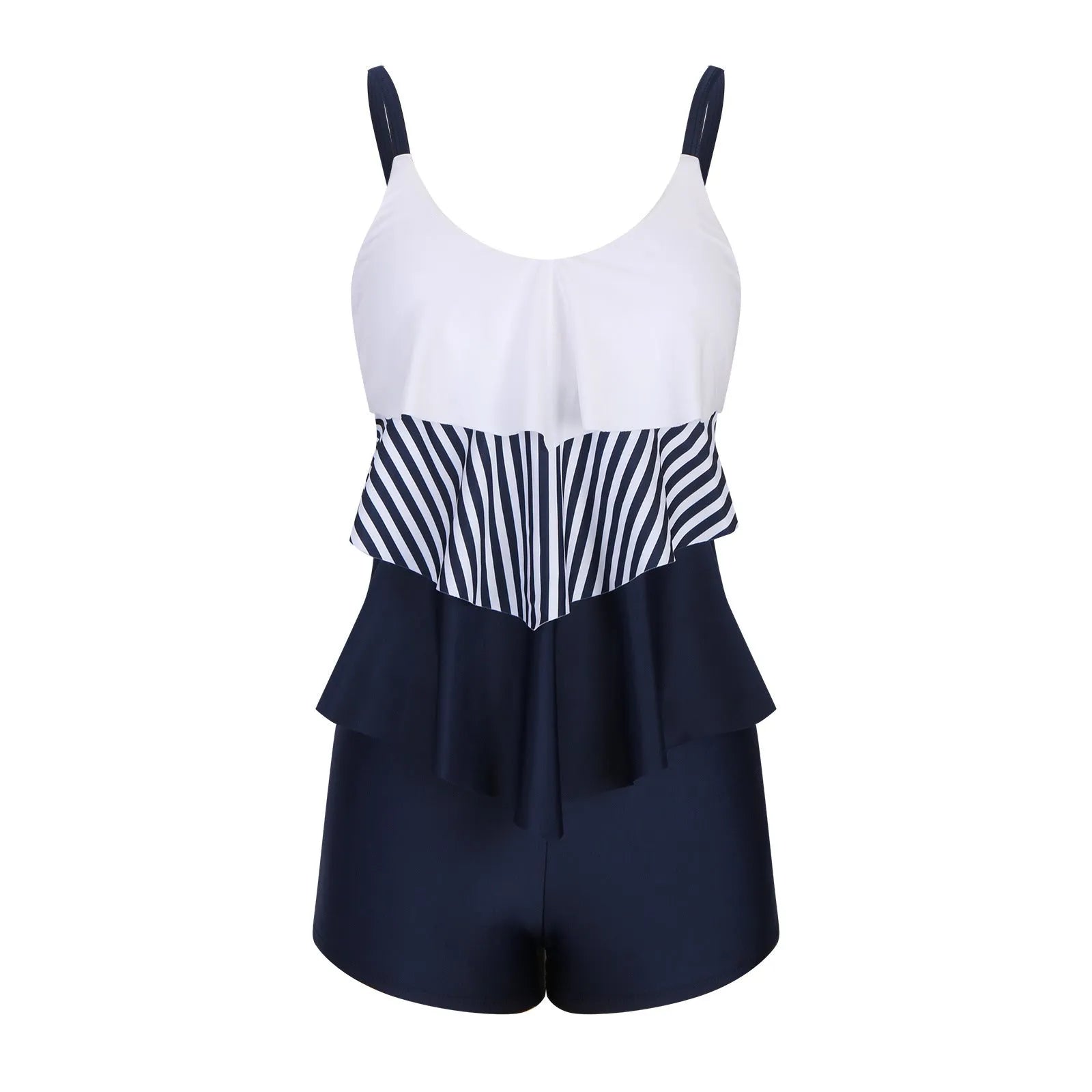 Ladies striped boyshorts swimsuit with a conservative cut and a fashionable split-front detail.
