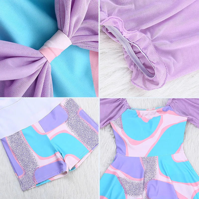 Women's high-waist floral one-piece swimsuit in light purple or light blue colours