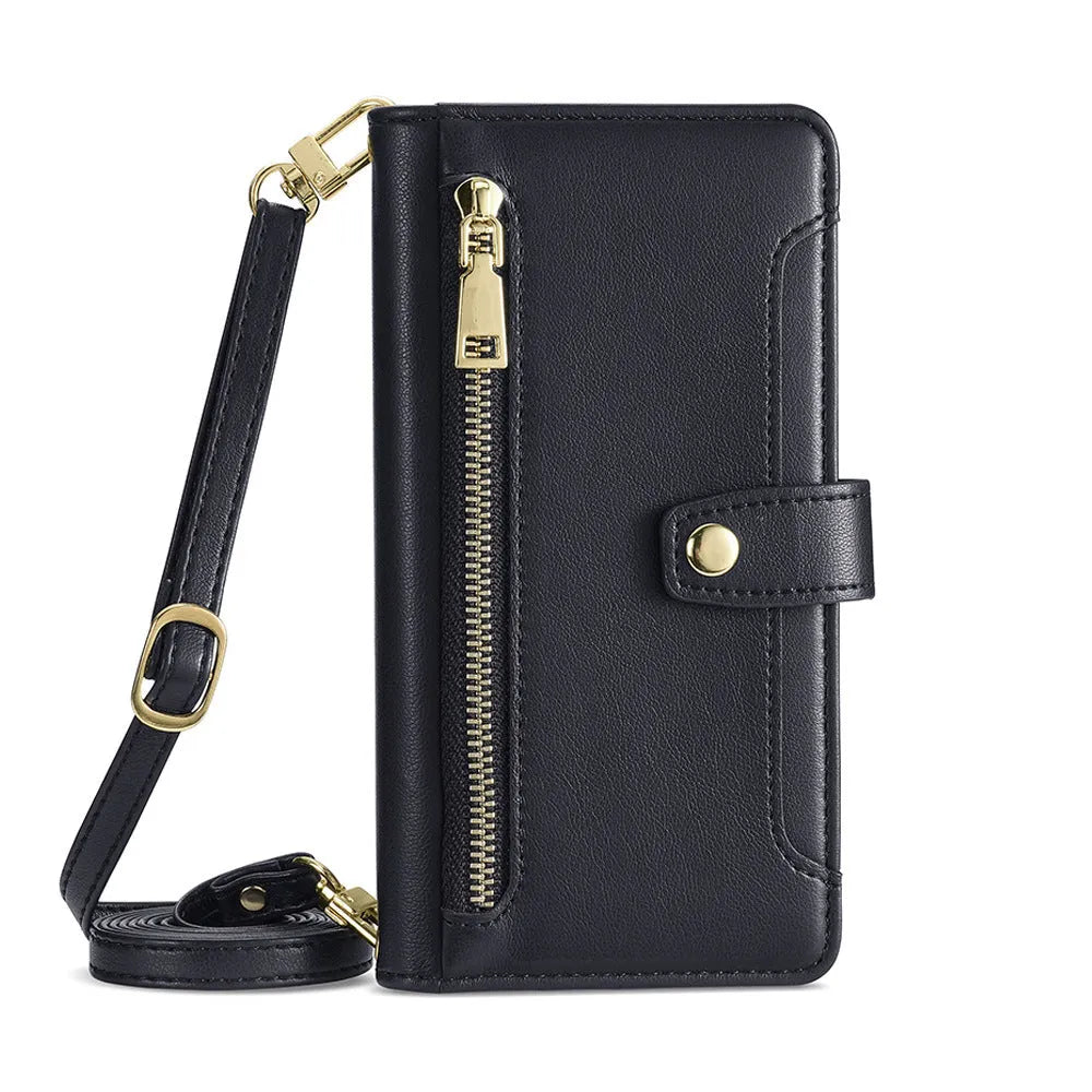 Samsung flip phone case with card slot and kickstand in black TPU leather