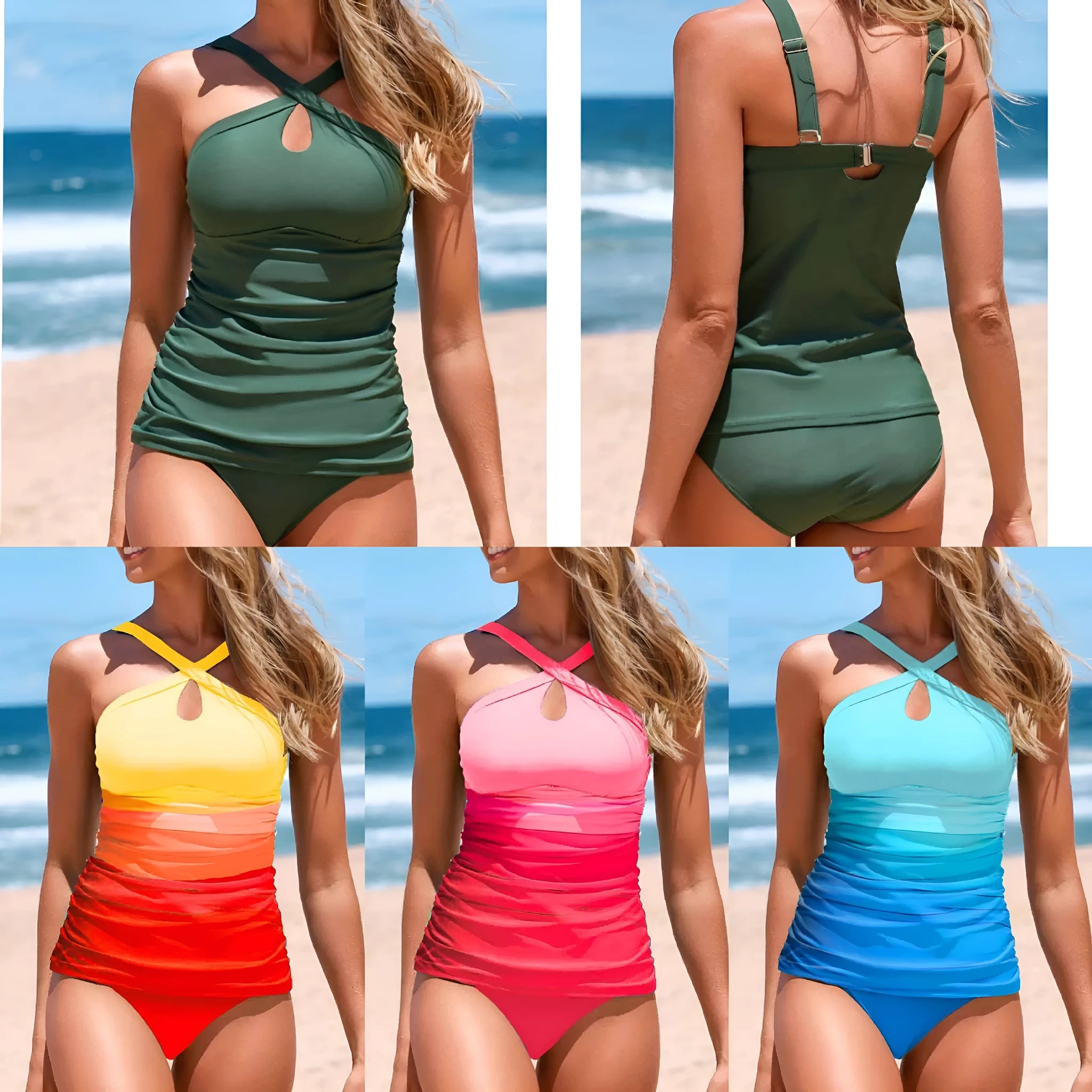 Women's gradient colour cross-strap back swimsuit with heap pleating, shown in a brief style.
