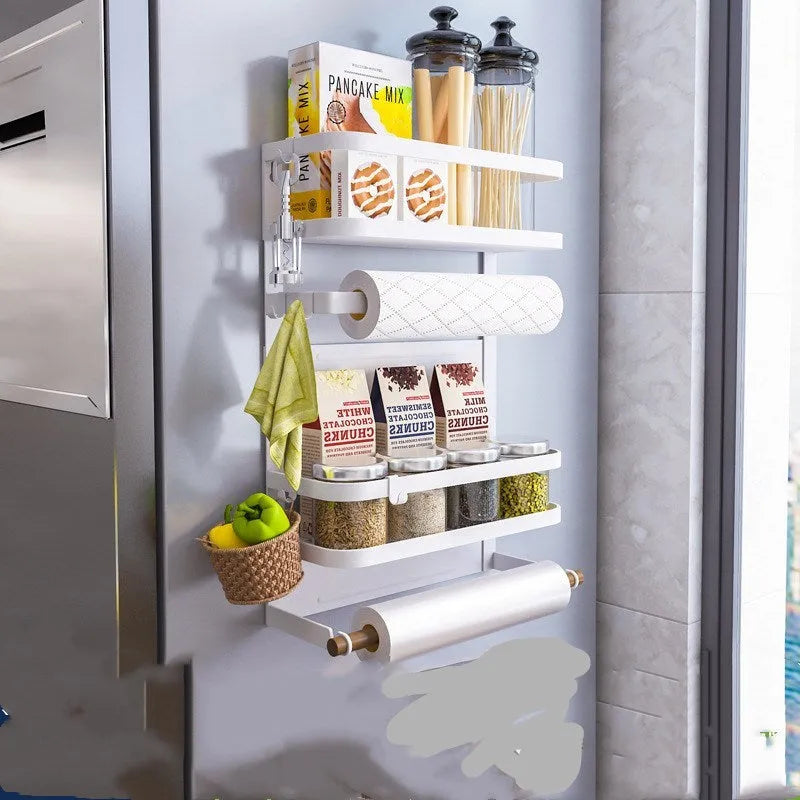 Magnetic refrigerator shelf in black attached to fridge side with vertical slatted design