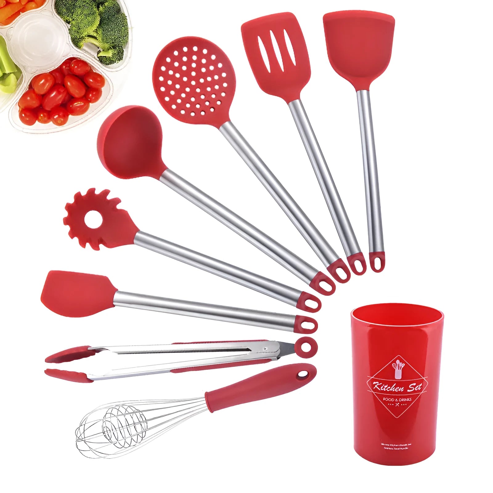 7 piece silicone kitchenware set with stainless steel tube handles including spatula, colander, and egg beater in red and black