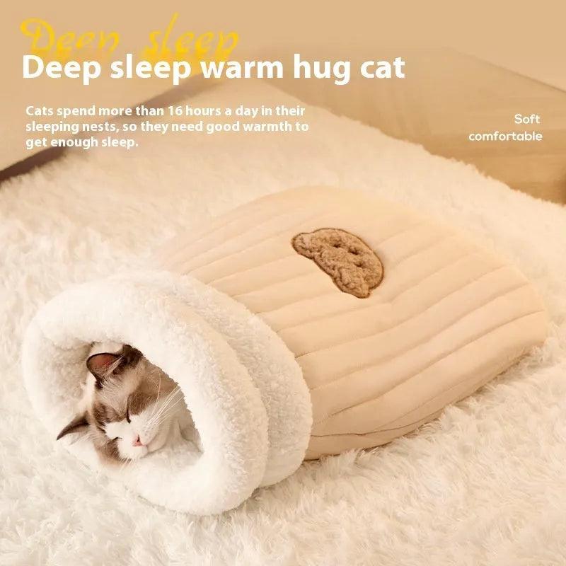 Cat sleeping bag nest with fleece fabric exterior and bear pattern in light brown colour