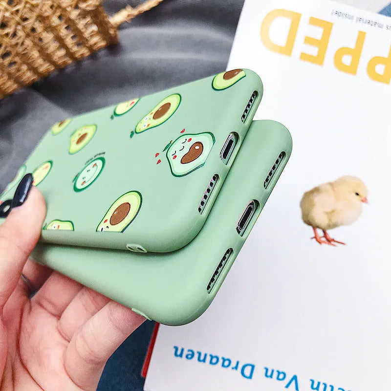 Cartoon avocado design on a green TPU mobile phone case for iPhone and Android models.