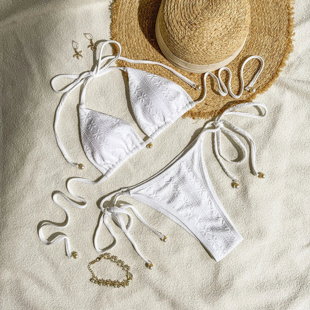Women's halter neck lace-up bikini swimsuit in milky white, green, or white with briefs bottom
