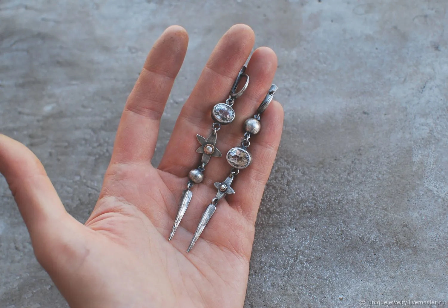 Hesheng geometric antique silver-plated long pendant earrings with XINGX rhinestone design