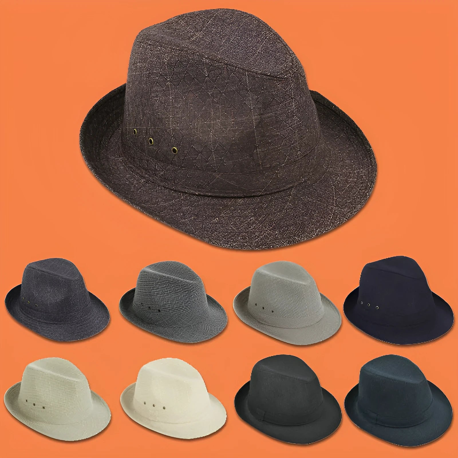 Classic brown fedora hat for men on a wooden stand, showing pinched crown and medium brim.
