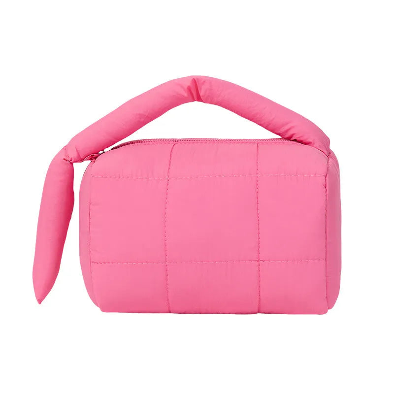 Cylindrical cotton cloth puff cosmetic bag in four colours including Rose Red, Pink, Purple, Green, ins style, no logo