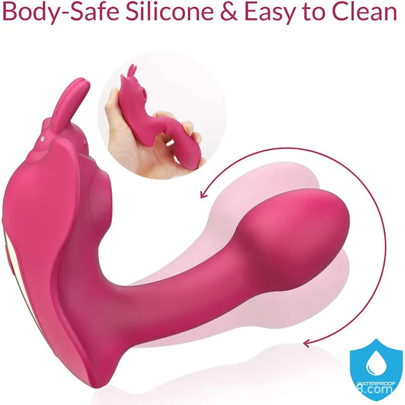 Remote control wearable butterfly vibrator made from silicone, available in purple and red colours