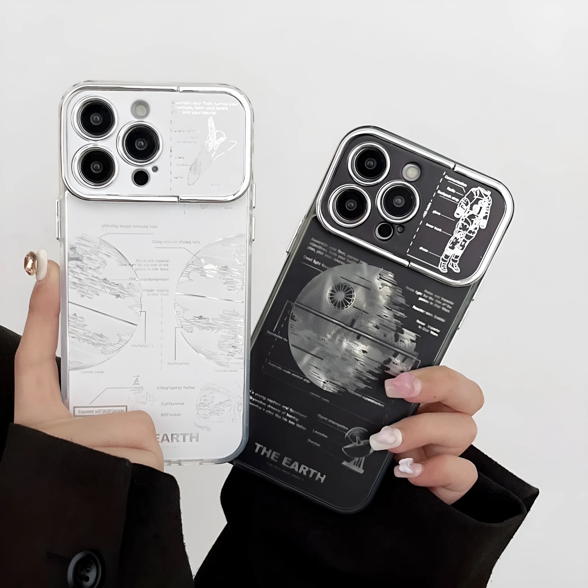 Pleated bracket TPU phone case with metal planet design for iPhone 14 Pro Max, back cover view