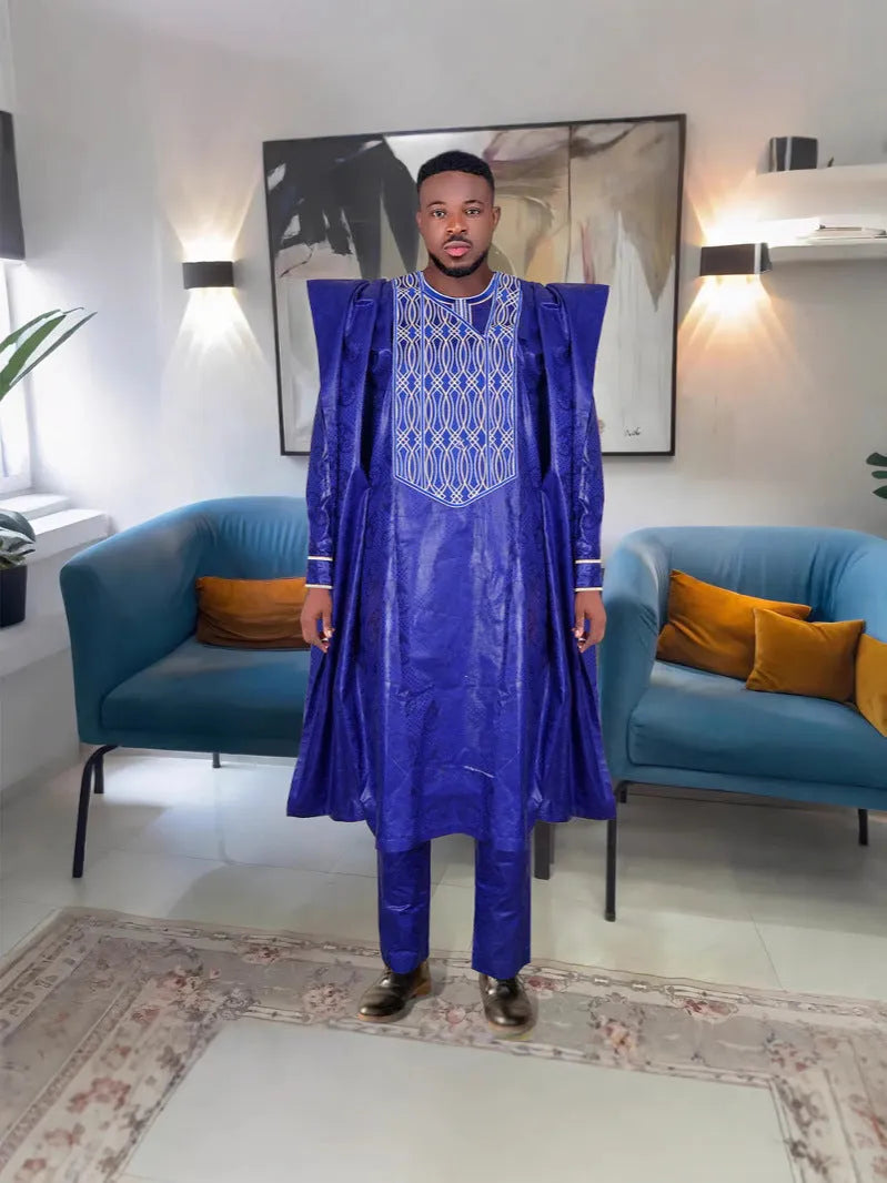 Plus size men's three-piece figured cloth suit in dark blue – outer robe, shirt, trousers for daily wear