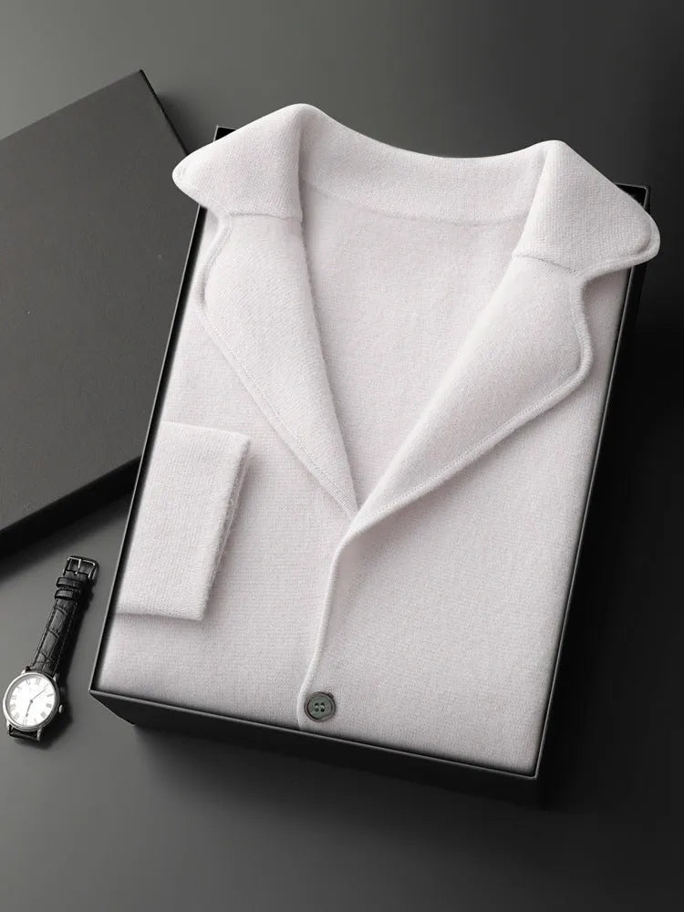 Men's loose fit cashmere-blend cardigan jacket in thickened construction showing colour options