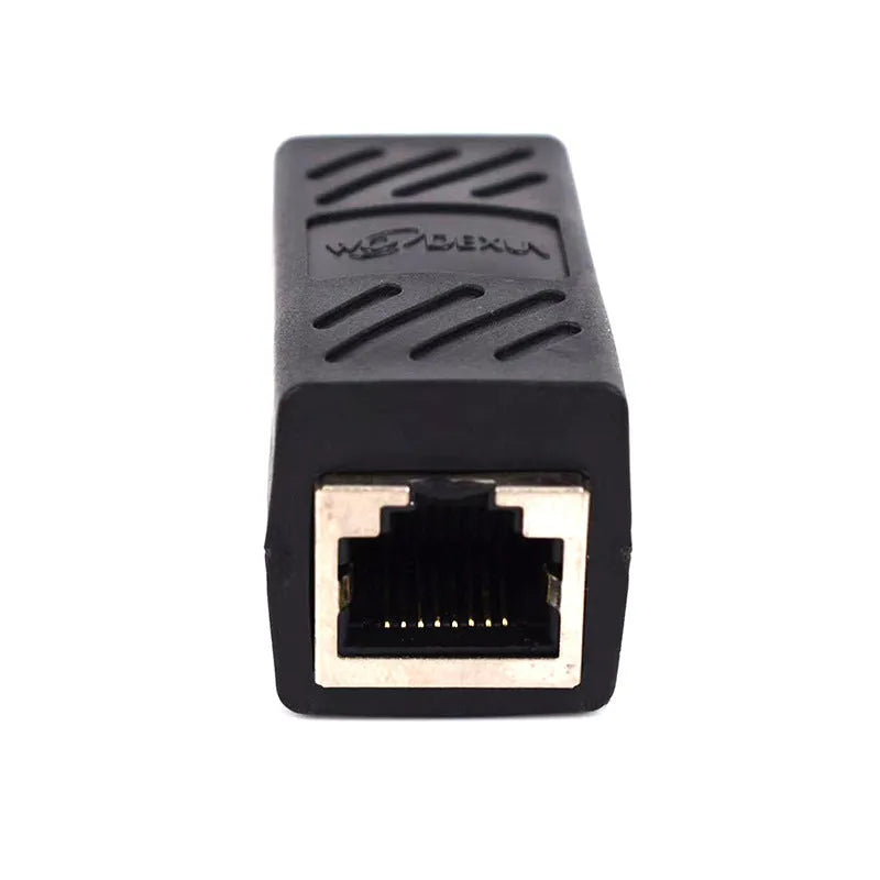 Black RJ45 rotary network cable extender adapter for joining Ethernet patch cables.