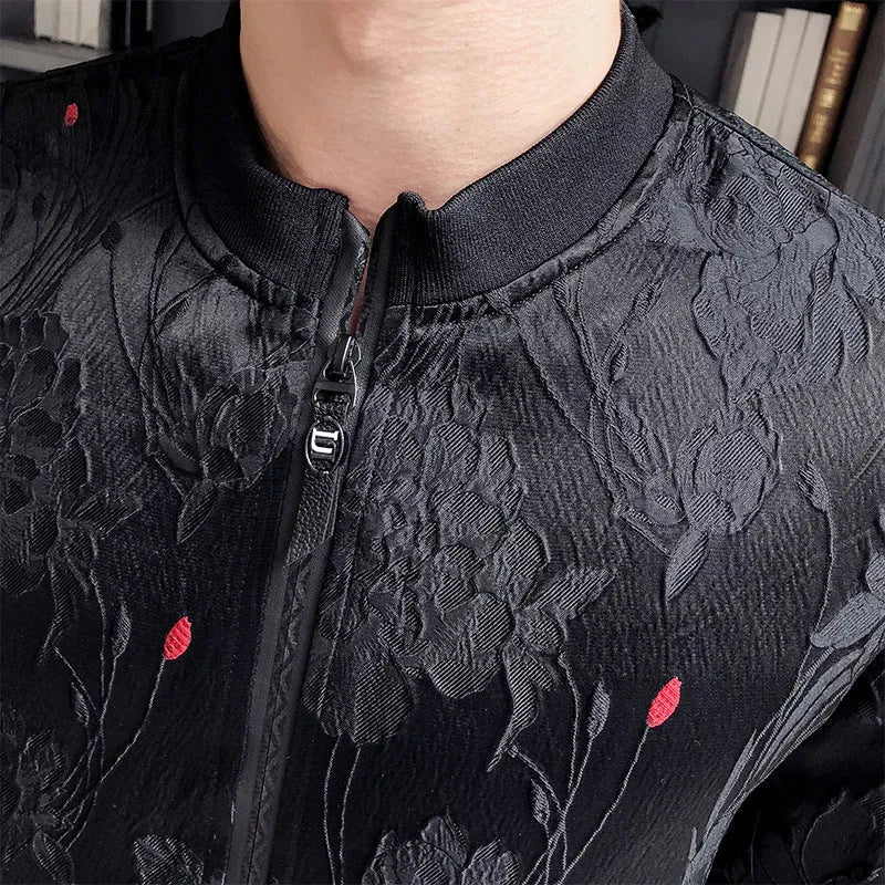 Men's Korean style pattern stand collar jacket in black, polyester fabric, long sleeves, straight hem, leisure wear