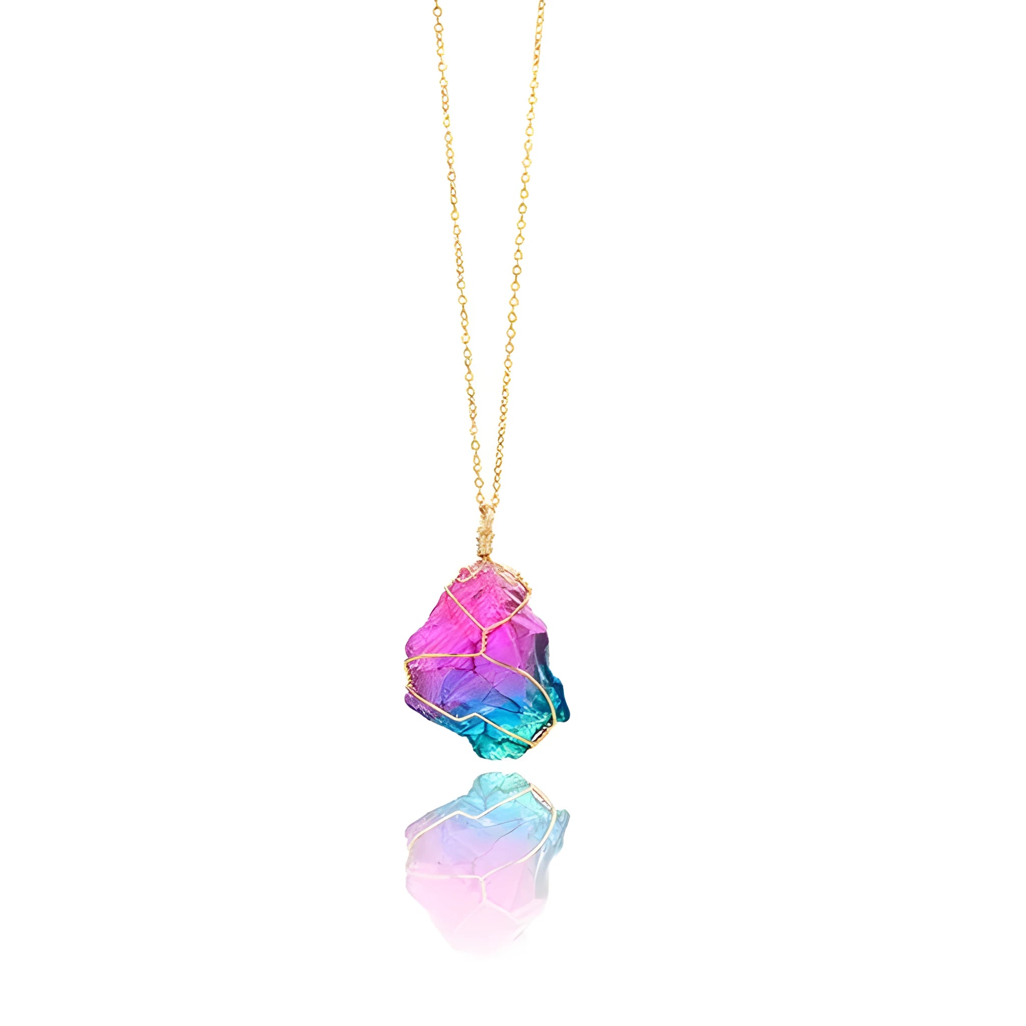 Rainbow quartz crystal necklace with natural rough dyed pendant on alloy chain, blue gold silver colour options