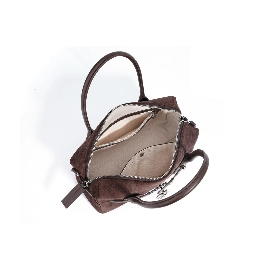 Genuine leather colour-block shoulder bag in mocha and brown with suede finish, horizontal square shape
