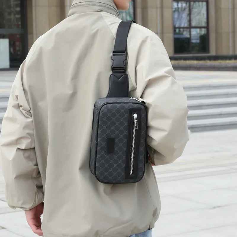 Men's black PU leather crossbody shoulder bag with printed chest design featuring windmill pattern detail