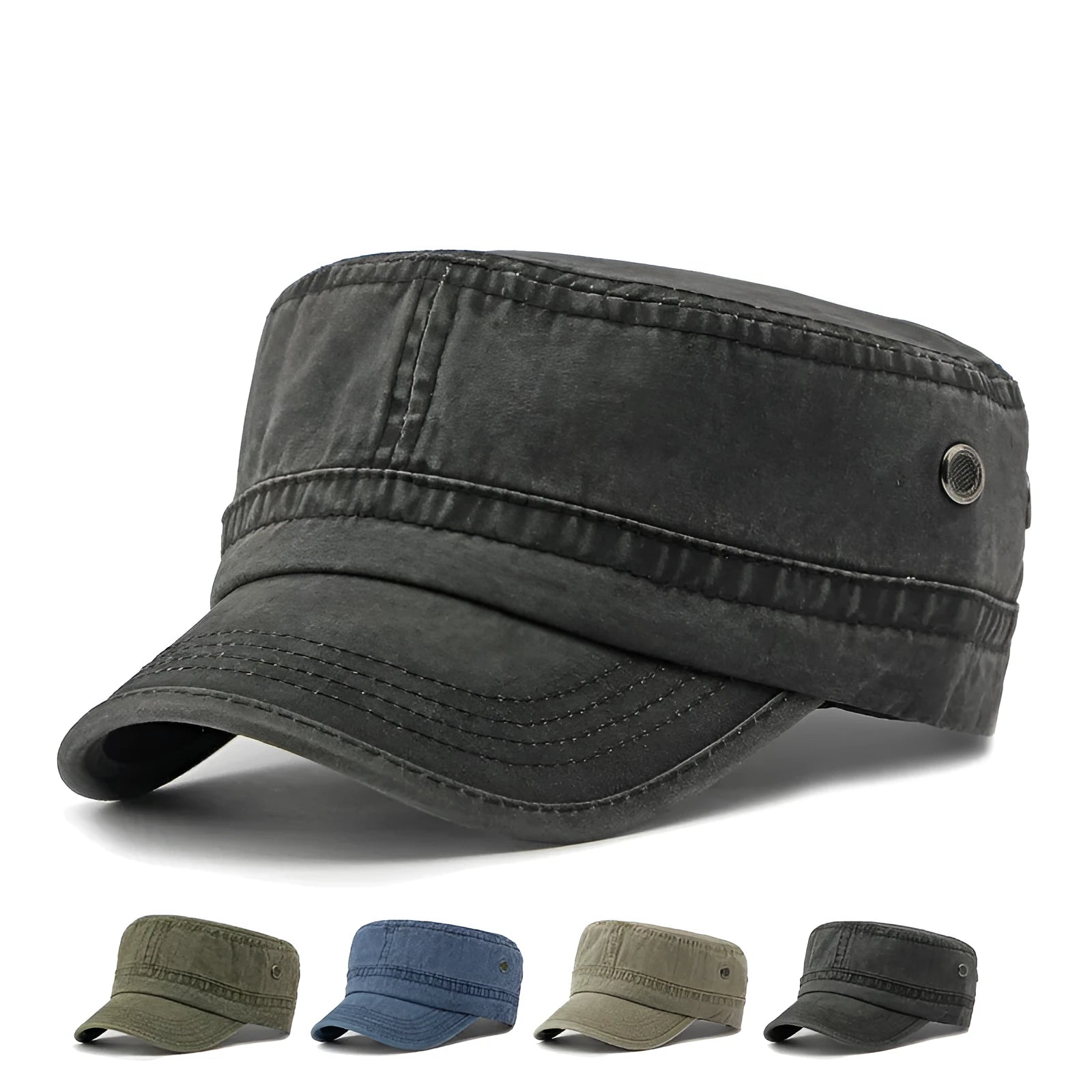 Military flat top cap in cotton fabric with adjustable sizing strap