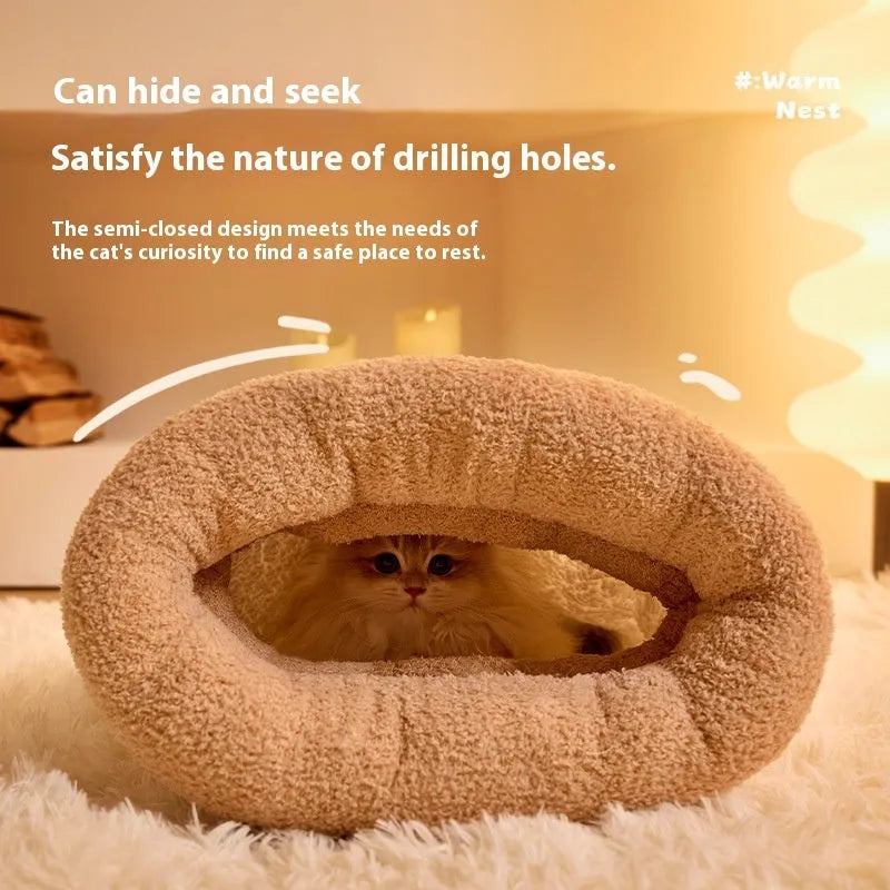 Brown plush pet sleeping bag with semi-enclosed design for cats