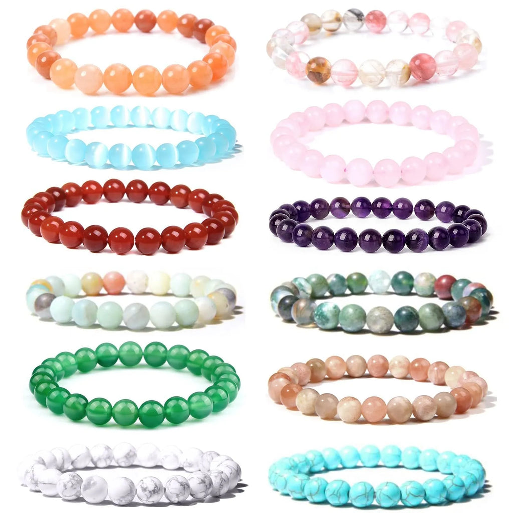 8mm natural stone bead bracelet with geometric shaped agate beads in multiple colour options