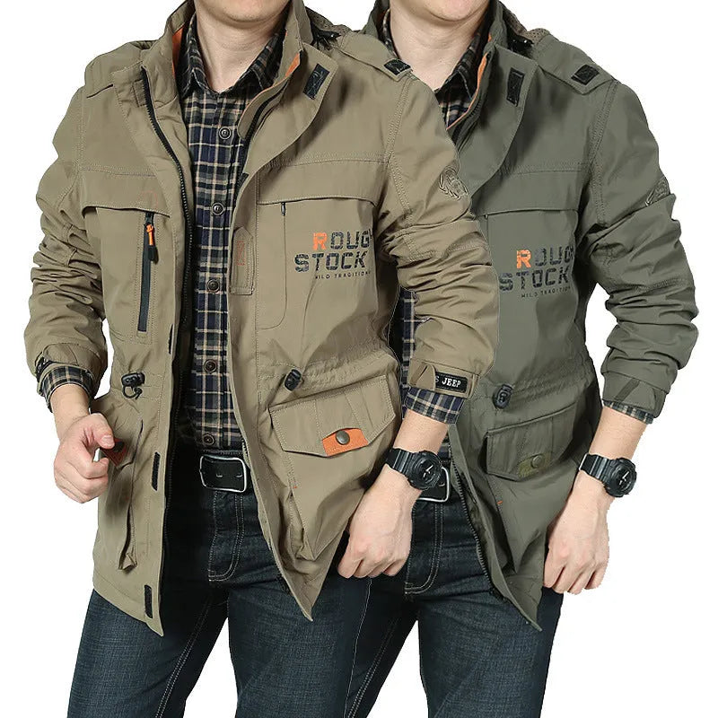 Men's casual windproof thin mountaineering jacket in solid colour with visible stitched patch pocket
