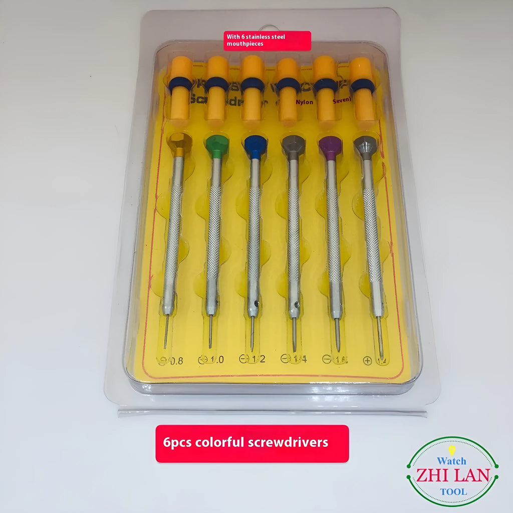 Six colour-coded aluminium handle watch repair screwdrivers with oxidation-treated steel tips.