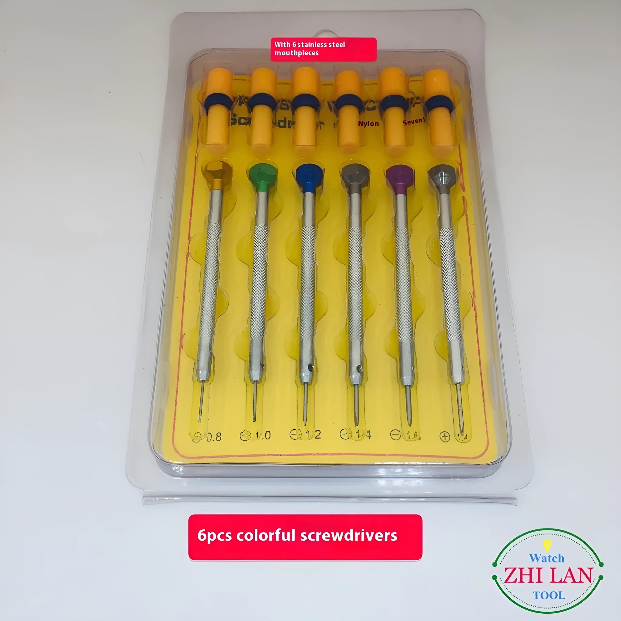Six colour-coded aluminium handle watch repair screwdrivers with oxidation-treated steel tips.