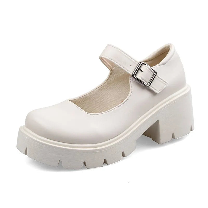 Women's buckle British style leather shoes in dim gray with patent leather finish, round toe, low top
