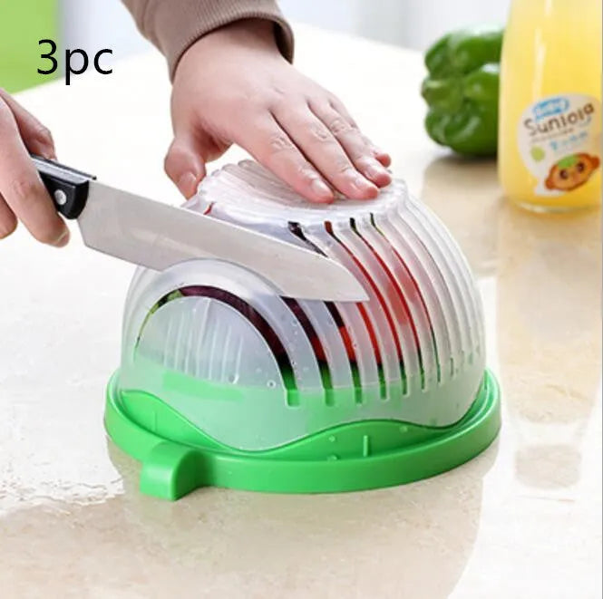 Blue salad cutter bowl showing removable cutting lid placed on a base with a raised rim.