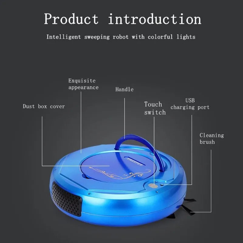 Lazy Smart floor sweeping robot vacuum cleaner in blue, black, or white on a hard floor.