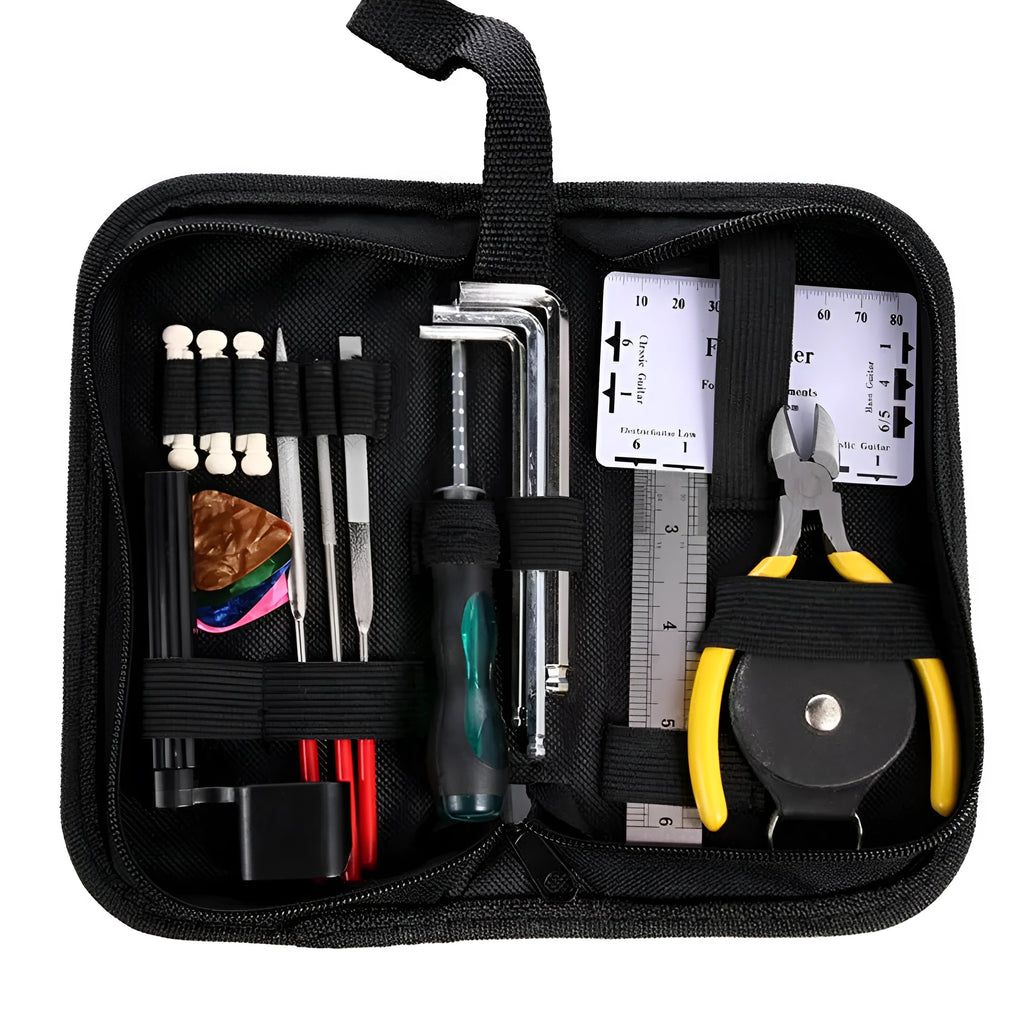 Black plastic case open to reveal 22 metal guitar repair tools including files, rulers, and wrenches for setup