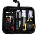 Black plastic case open to reveal 22 metal guitar repair tools including files, rulers, and wrenches for setup