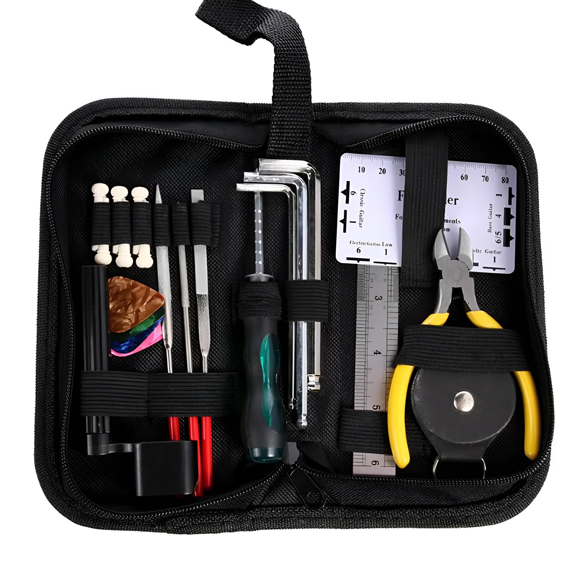 Black plastic case open to reveal 22 metal guitar repair tools including files, rulers, and wrenches for setup
