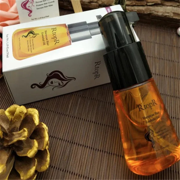 Yellow plastic bottle of 35ml hair care essential oil repair sample on neutral background