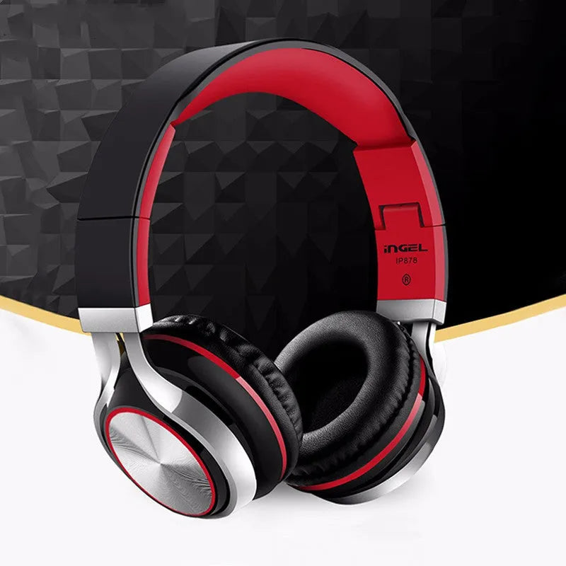 Folding Bluetooth headphones with 40mm drivers in black, blue, or white colour options showing dual connectivity with 3.5mm jack