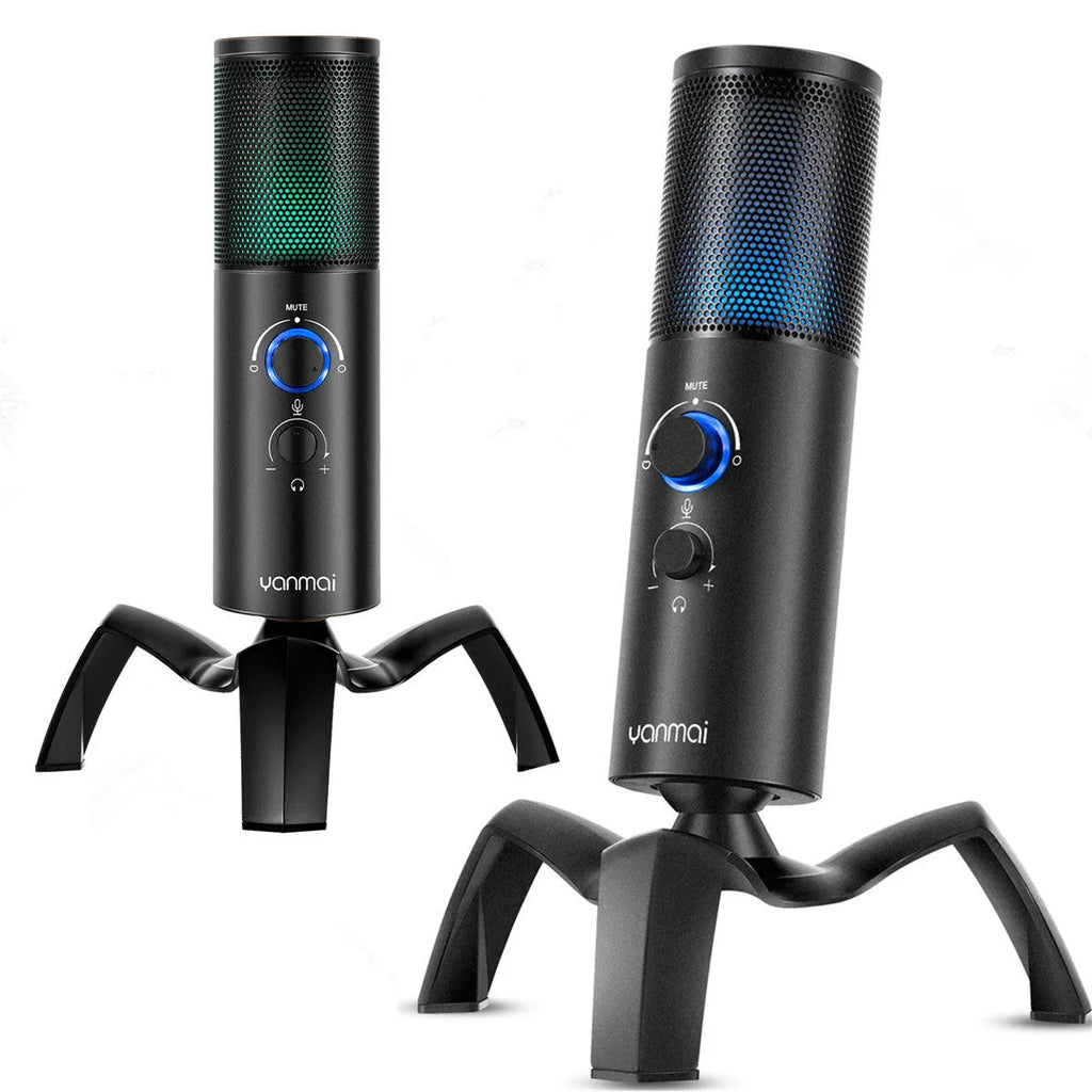 Black Q18 USB condenser microphone with RGB lights on a adjustable metal tripod stand.