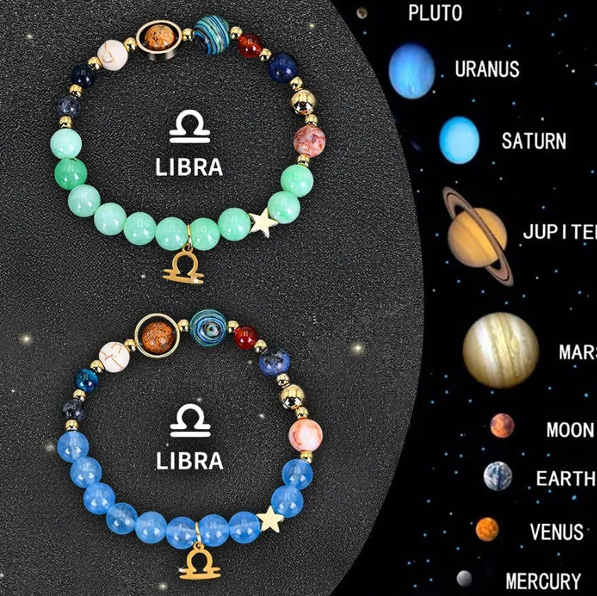 Set of two natural stone beaded bracelets for zodiac signs, showing varied bead colours and textures.