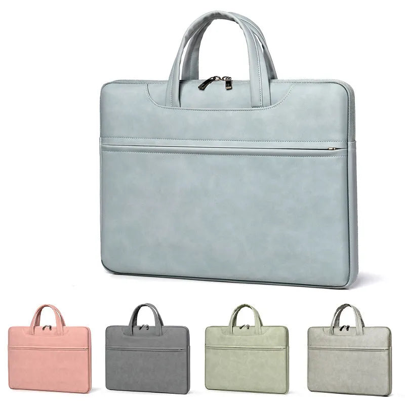 PU leather laptop case for 14 inch laptop in dark gray with zipper closure and soft handle