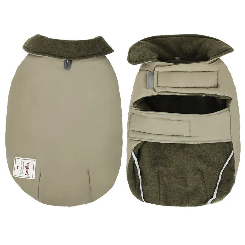Dog wearing lapel turtleneck winter coat in cotton-padded polyester material