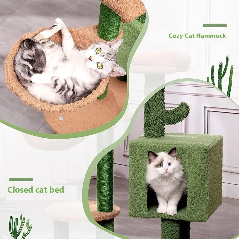 Cactus green wooden cat climbing frame with integrated shelf jumping platform measuring 43x33x87cm