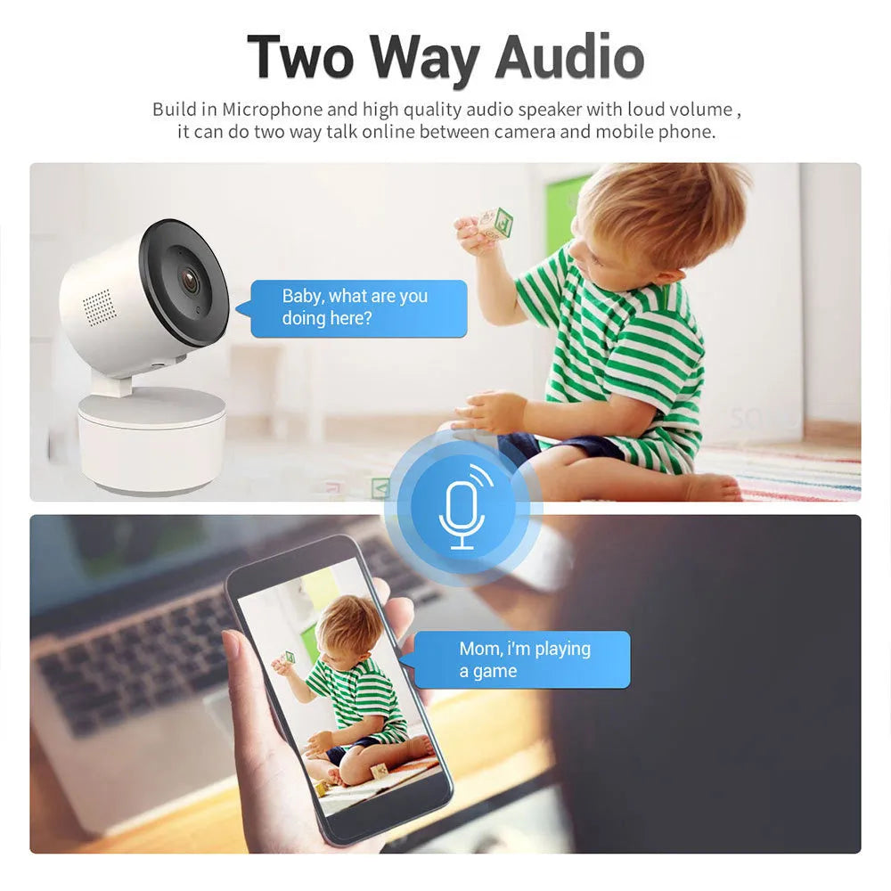Indoor smart wifi security camera with 1080P HD, shown with power adapter.