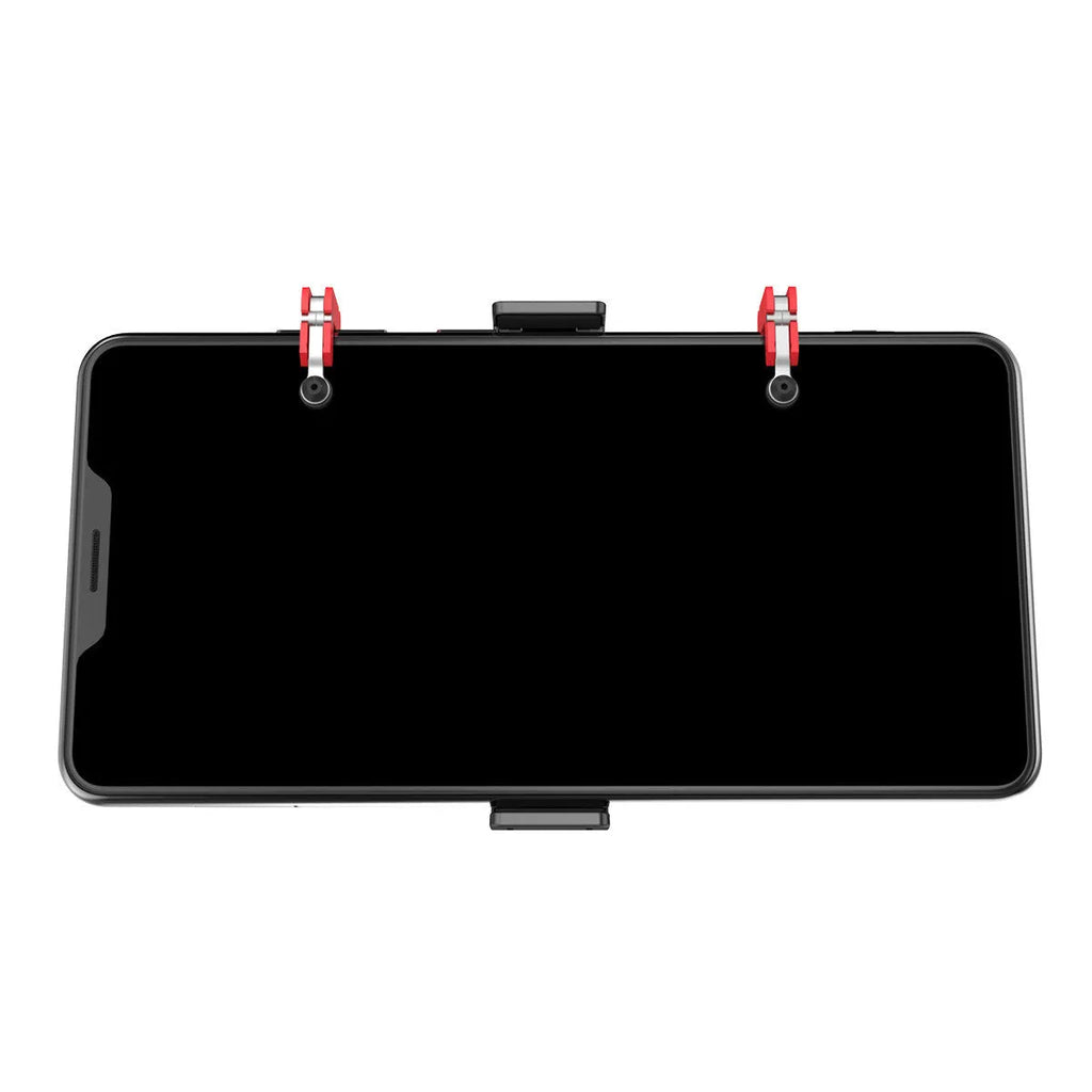 Black PG-9137 mobile phone gaming trigger grip stand with adjustable metal trigger and telescopic fixing clip.