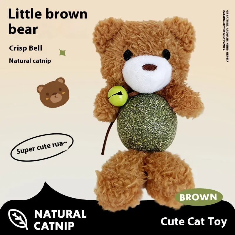 Brown Bear plush cat toy with bell, showing 15cm height and containing a catnip ball inside.