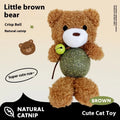 Plush catnip toy in brown bear shape with a bell, showing mint ball inside. Size 15cm tall.